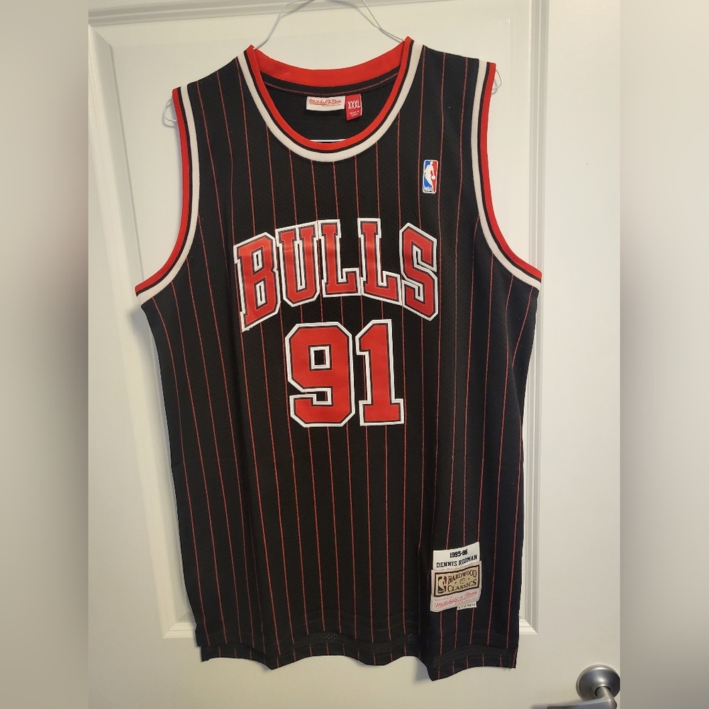Mitchell & Ness Dennis Rodman Chicago Bulls Men's 1995 Black Pinstriped Swingman